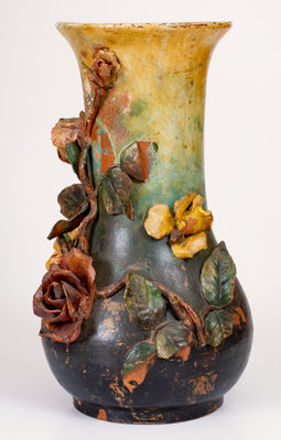 Large Redware Vase w/ Applied Flowers, possibly Mary Elizabeth Bell, Waynesboro, PA