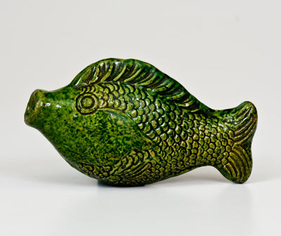 Rare and Fine Small-Sized Moravian Redware Fish Bottle w/ Copper Glaze, Salem, NC