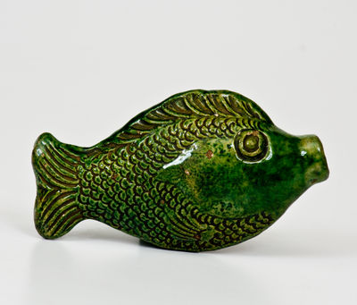 Rare and Fine Small-Sized Moravian Redware Fish Bottle w/ Copper Glaze, Salem, NC