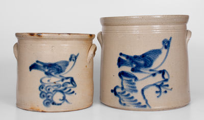 Lot of Two: Scarce Ballardvale, MA Stoneware Bird Crocks incl. Elaborate 5 Gal. Example