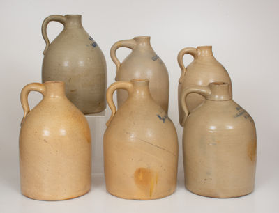 Lot of Six: Small-Sized Stoneware Jugs with Impressed BOSTON and LAWRENCE, MA Advertising