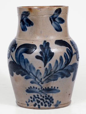 Rare Remmey Family, Philadelphia Stoneware Pitcher w/ Cobalt Floral and Spot Decoration