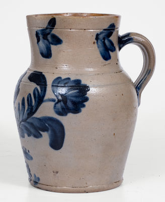 Rare Remmey Family, Philadelphia Stoneware Pitcher w/ Cobalt Floral and Spot Decoration