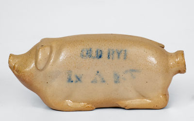 Midwestern Salt-Glazed Stoneware Pig Bottle w/ Cobalt Inscription, late 19th century