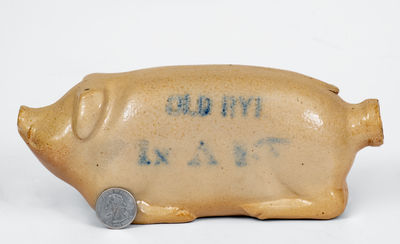 Midwestern Salt-Glazed Stoneware Pig Bottle w/ Cobalt Inscription, late 19th century