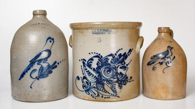 Lot of Three: NORTON / BENNINGTON, VT Stoneware incl. Bird Jugs and Floral Crock