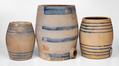 Lot of Three: Barrel-Form Stoneware w/ Cobalt Bands incl. J. M. PRUDEN / ELIZABETH, NJ Cooler