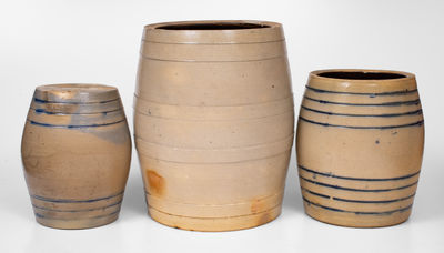Lot of Three: Barrel-Form Stoneware w/ Cobalt Bands incl. J. M. PRUDEN / ELIZABETH, NJ Cooler