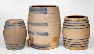 Lot of Three: Barrel-Form Stoneware w/ Cobalt Bands incl. J. M. PRUDEN / ELIZABETH, NJ Cooler