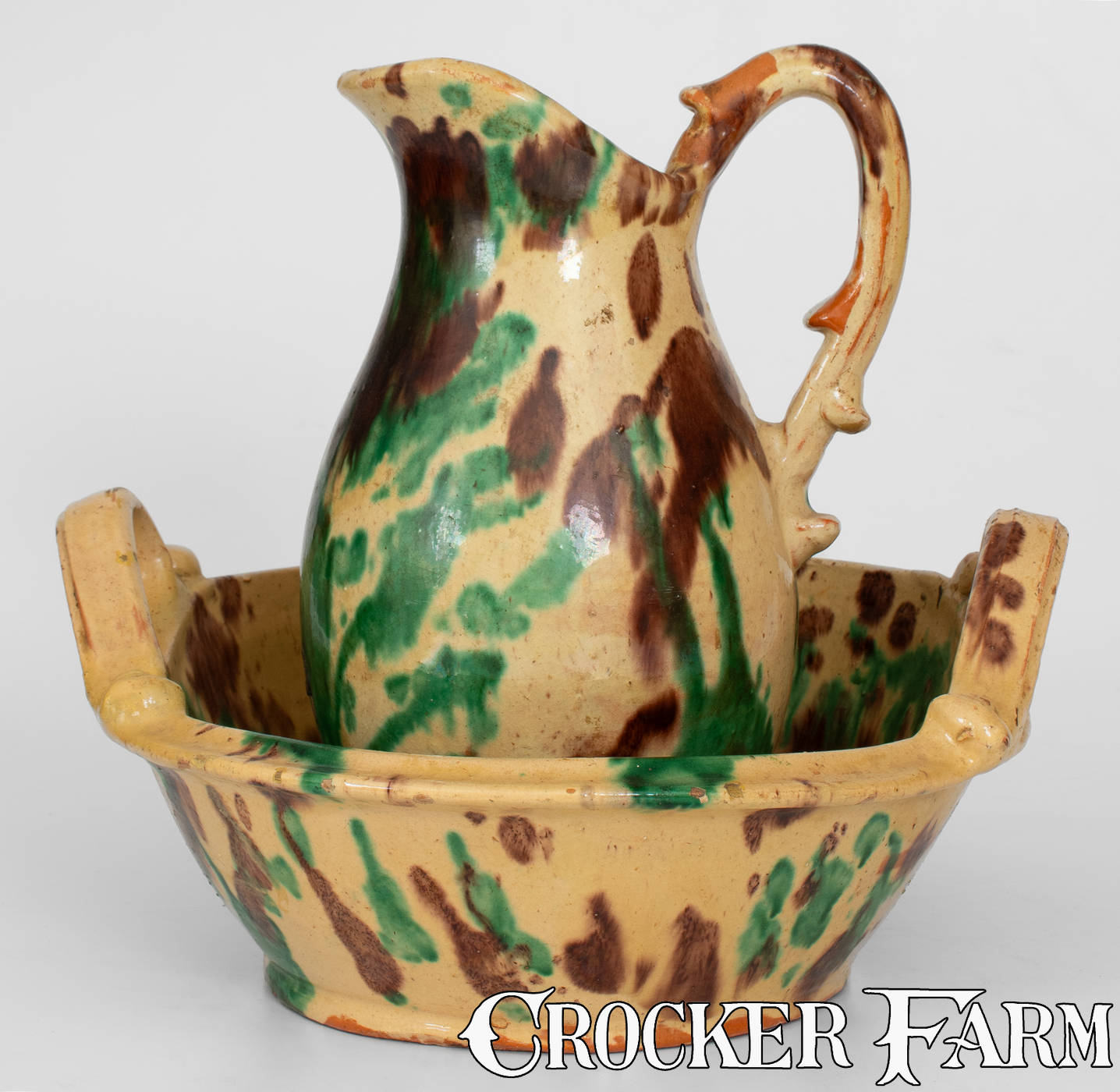 Exceptional Shenandoah Valley Multi-Glazed Redware Pitcher and Washbowl ...