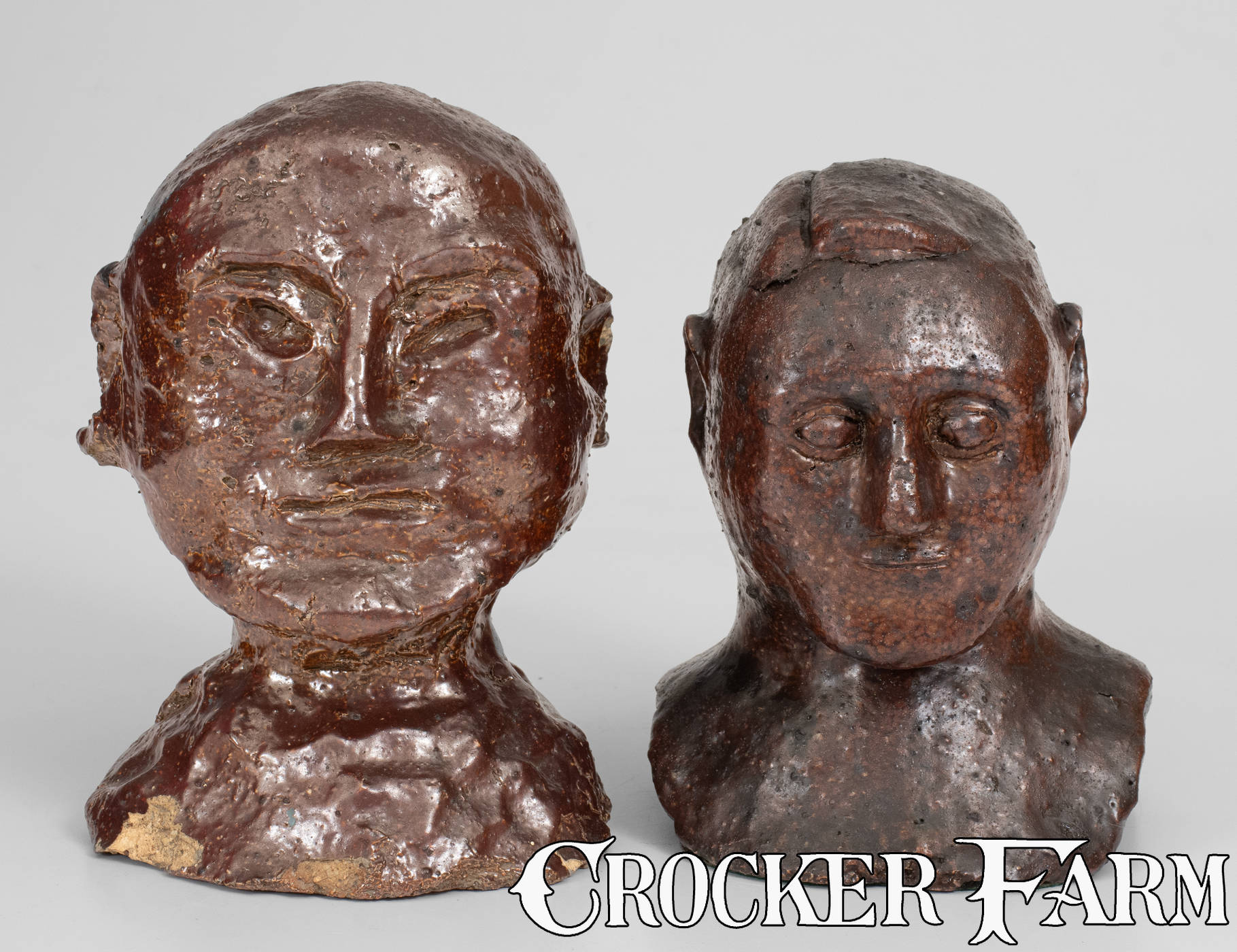 Two Sewer Tile Busts, probably Ohio origin, late 19th-mid 20th century --  Lot 99 -- Summer 2023 Stoneware Auction -- Crocker Farm, Inc.