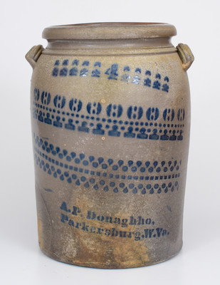 Four-Gallon A.P. Donaghho, / Parkersburg, W.Va. Stoneware Jar w/ Elaborate Decoration