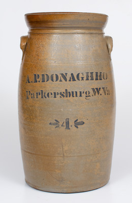 Four-Gallon A.P. DONAGHHO / Parkersburg, W.Va Cobalt-Decorated Stoneware Churn