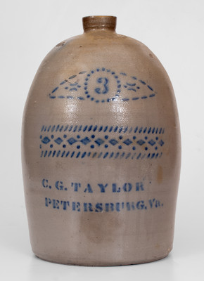 Three-Gallon C.G. TAYLOR / PETERSBURG. Va. Stoneware Advertising Jug, attrib. Donaghho