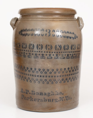 Three-Gallon A.P. Donaghho, / Parkersburg, W.Va Stoneware Jar w/ Elaborate Stenciled Decoration