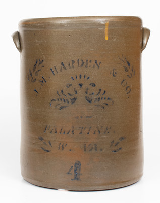 Four-Gallon J.M. HARDEN & CO. / PALATINE. / W. VA. Stoneware Crock