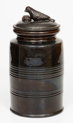 Redware Bird-Finialed Lid w/ Associated Jar, attrib. Anthony Baecher, Adams County, PA, c1855