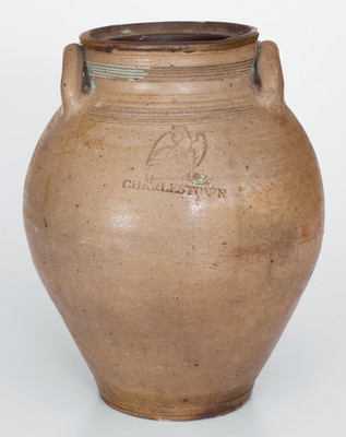 CHARLESTOWN (Boston, MA) Iron-Decorated Stoneware Jar w/ Impressed Eagle-on-Cannon Motif, 1812-27
