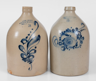 Two Two-Gallon Fort Edward, New York Stoneware Jugs w/ Floral Decoration