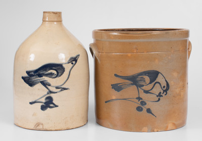 Two Pieces of Fulper (Flemington, NJ) Stoneware w/ Cobalt Bird Decorations