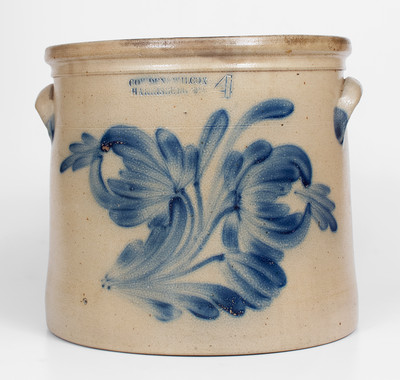 Four-Gallon COWDEN & WILCOX / HARRISBURG, PA Stoneware Crock w/ Cobalt Floral Decoration