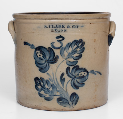 Fine Three-Gallon N. CLARK & CO / LYONS Stoneware Crock