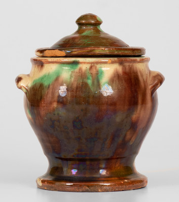 Scarce Shenandoah Valley Multi-Glazed Redware Lidded Sugar Bowl, Strasburg, VA, circa 1890