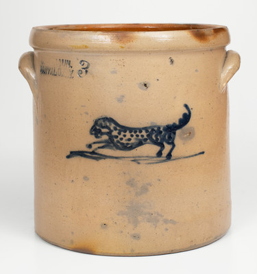 Rare C.W. BRAUN. / BUFFALO, N.Y. Stoneware Crock w/ Cobalt Dog Decoration