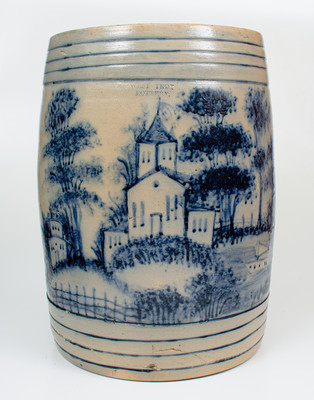 Highly Important WEST TROY POTTERY Twenty-Gallon Stoneware Keg w/ Elaborate Cobalt Landscape