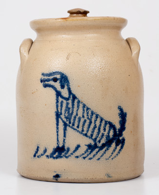 Extremely Rare EDMANDS & CO. (Charlestown, Mass.) One-Gallon Lidded Stoneware Jar w/ Seated Dog Decoration