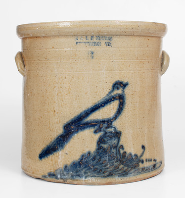 Six-Gallon E & L P NORTON / BENNINGTON, VT Stoneware Crock w/ Cobalt Bird on Stump