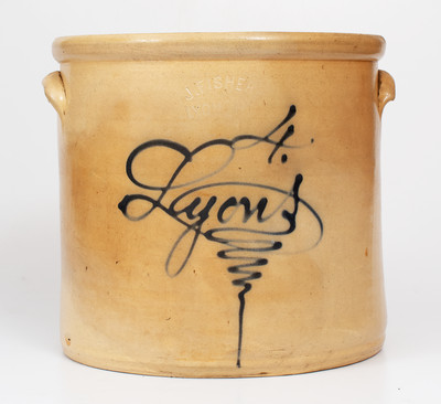 4 Gal. J. FISHER / LYONS, NY Stoneware Crock w/ Cobalt Script 