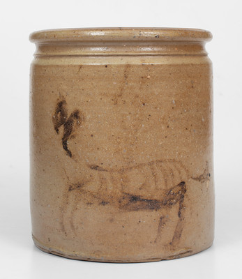 Very Rare Midwestern Stoneware Jar with Brown Slip Horse Decoration