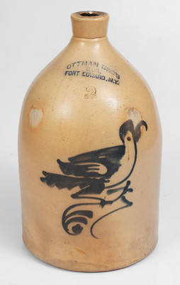 2 Gal. OTTMAN BROS. & CO. / FORT EDWARD, NY Stoneware Jug w/ Bird Decoration