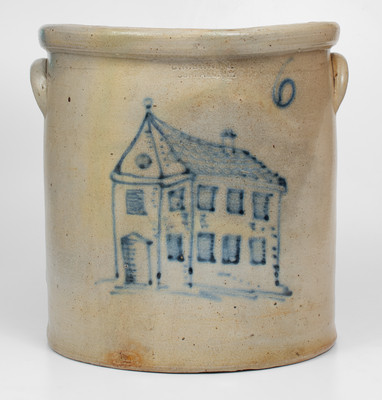 Very Rare 6 Gal. C. W. BRAUN / BUFFALO, NY Stoneware Crock w/ Elaborate House Decoration