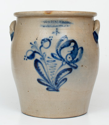 Rare 4 Gal. COWDEN & WILCOX / HARRISBURG, PA Stoneware Jar w/ Elaborate Slip-Trailed Floral Decoration