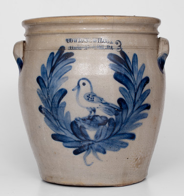 Outstanding COWDEN & WILCOX / HARRISBURG, PA 3 Gal. Stoneware Jar w/ Bold Bird-in-Wreath Design