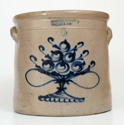 Rare 5 Gal. A. O. WHITTEMORE / HAVANA, NY Stoneware Crock w/ Fruit-in-Compote Decoration