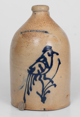 WHITE & CO. / BINGHAMTON Stoneware Jug w/ Unusual Slip-Trailed Bird Decoration