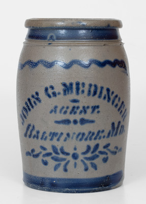 JOHN G. MEDINGER / BALTIMORE, MD Stoneware Advertising Jar, Western PA origin