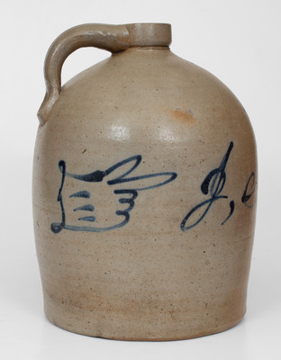 Rare Midwestern Stoneware Jug w/ Slip-Trailed Hand Decoration and Script Initials 