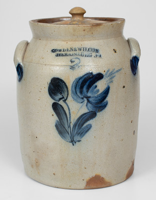 2 Gal. COWDEN & WILCOX / HARRISBURG, PA Stoneware Lidded Jar w/ Floral Decoration