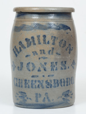 HAMILTON & JONES / GREENSBORO, PA Stoneware Jar w/ Large Name Stencil
