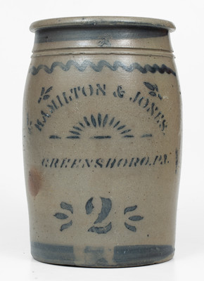 2 Gal. HAMILTON & JONES / GREENSBORO, PA Stoneware Jar w/ Rising Sun Stencil