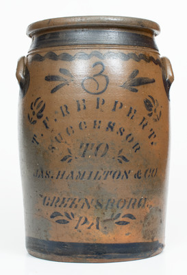 3 Gal. T. F. REPPERT / SUCCESSOR TO JAS. HAMILTON & CO. / GREENSBORO, PA Stoneware Jar