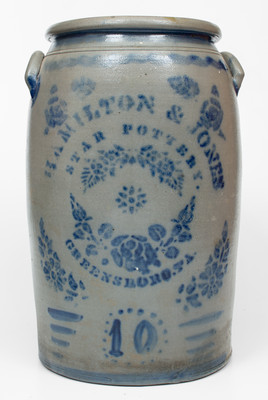 Fine 10 Gal. HAMILTON & JONES / STAR POTTERY / GREENSBORO, PA Stoneware Jar w/ Elaborate Decoration