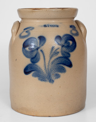 3 Gal. LYONS, New York Stoneware Jar w/ Floral Decoration