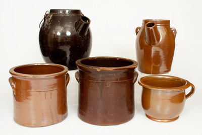 Lot of Five: Albany Slip-Glazed Stoneware Crocks and Batter Pails