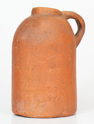 Unusual Hand-Molded Brick Clay Jug Inscribed 