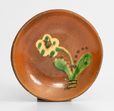 Redware Plate w/ Three-Color-Slip Floral Decoration, attrib. Diehl Pottery, Rockhill Twp, Bucks County, PA